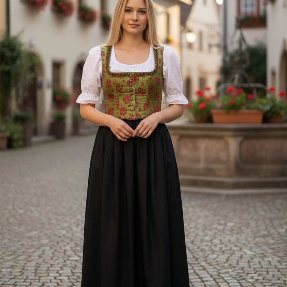 Olive Green dirndl Maxi Dress with Black Skirt - Women Dresses Maxi